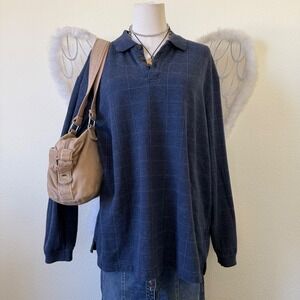 Granola Girl Indie Grunge Long Sleeve Polo Shirt Grid Plaid Blue Oversized Dad